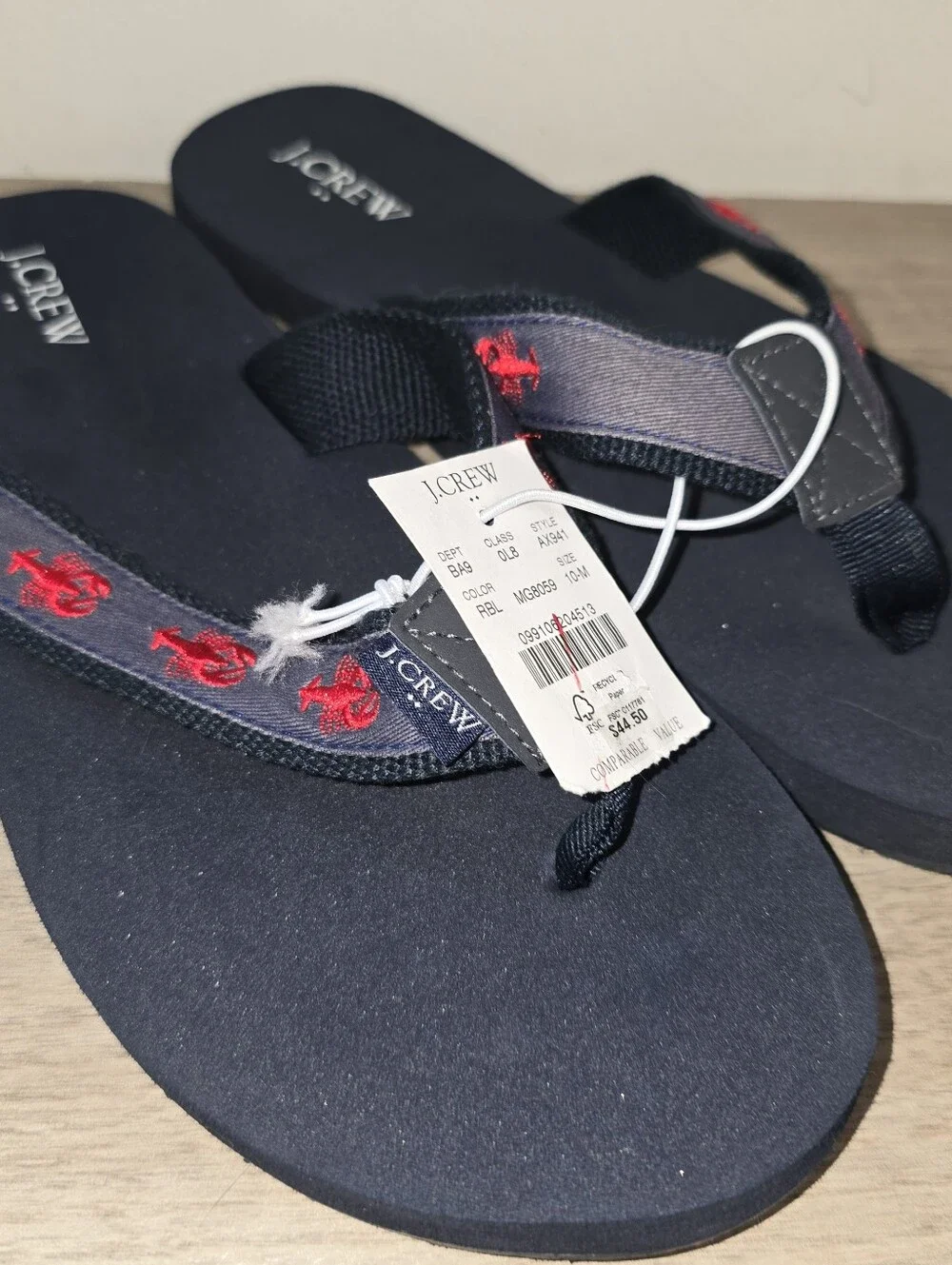 J. Crew Men's Lobster Embroidered Flip Flop Sandals Navy Blue Sz 10M NWT